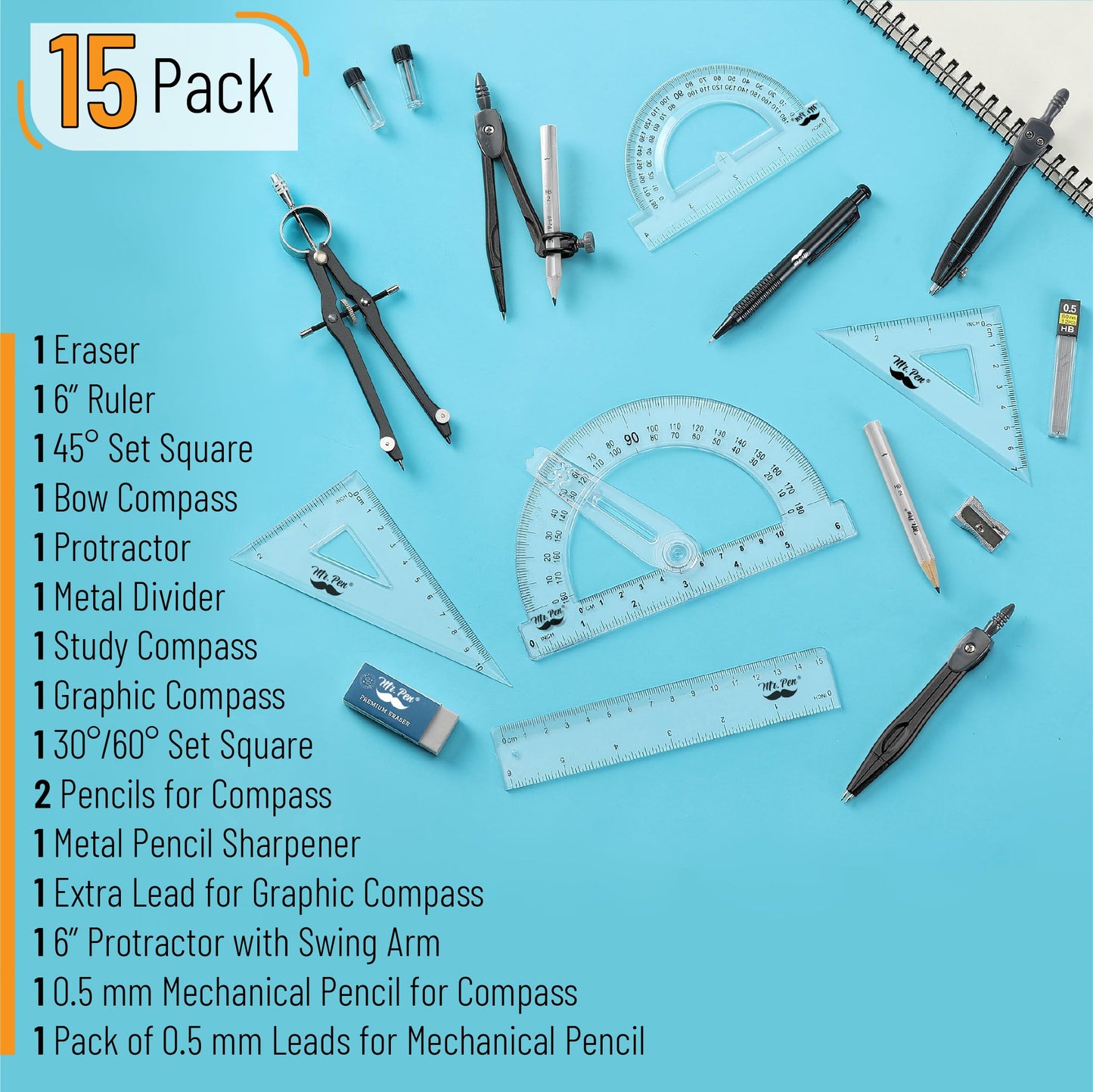Mr. Pen- Geometry Set, 15 pcs, Black, 6 Inch Swing Arm Protractor, Divider, Set Squares, Ruler, Compasses and Protractor
