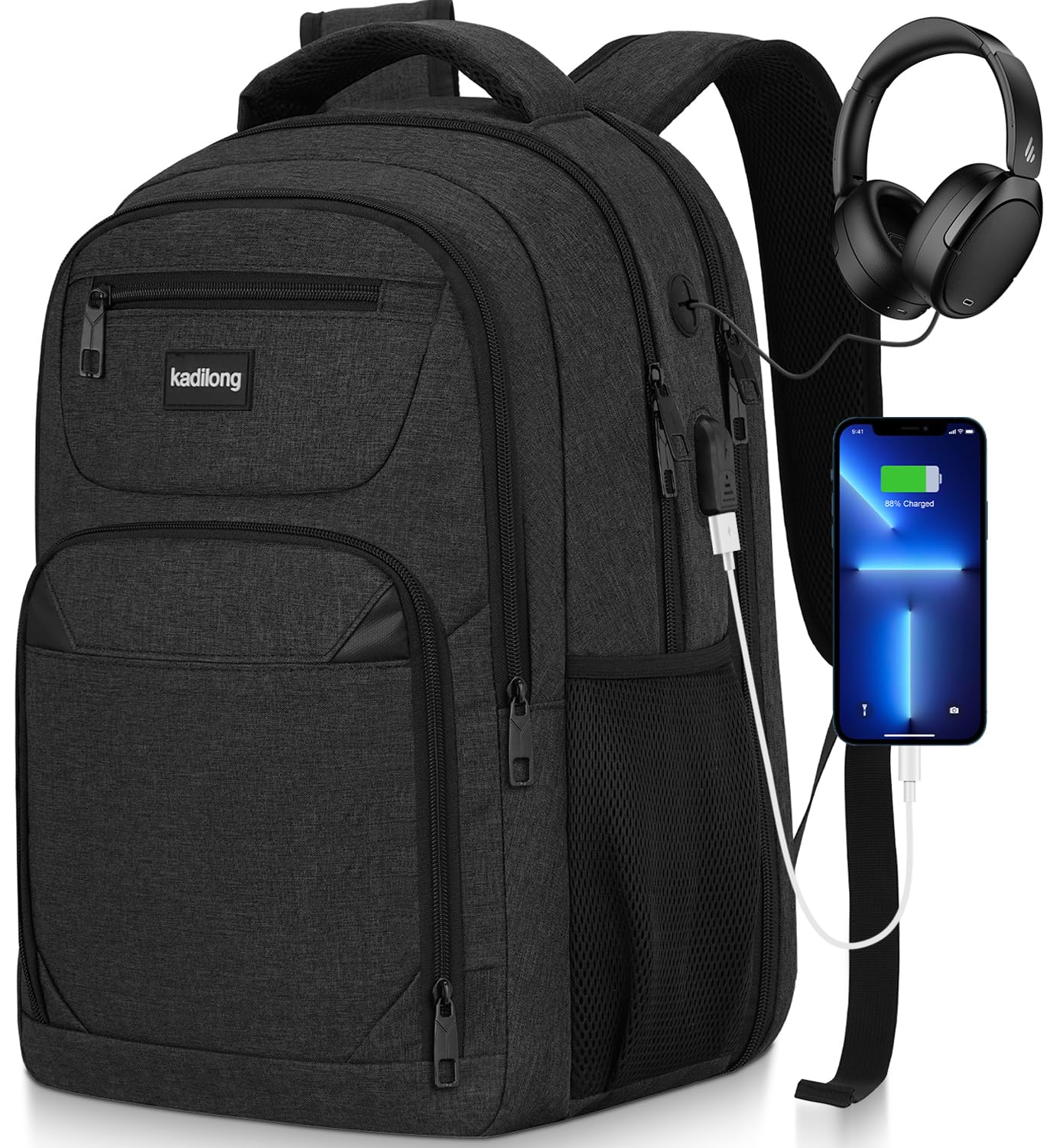 kadilong Laptop Backpack for Men, School Bookbag Gift for Teens Boys Student High School,College Computer Bag Business Anti Theft Sturdy Back Pack with USB Charger Fits 15.6 Inch Notebook, Black