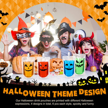 Widecook 28 Pcs Halloween Drink Pouches Reusable Pumpkin Blood Bags for Drinks Plastic Flasks with Funnels Juice Cups Pouches for Halloween Party Prop Decoration Favor