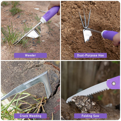 HLWDFLZ Purple Garden Tool Set Gardening Items for Women - 11PCS Heavy Duty Garden Tools with Detachable Storage Bag, Weeder, Dual-Purpose Hoe