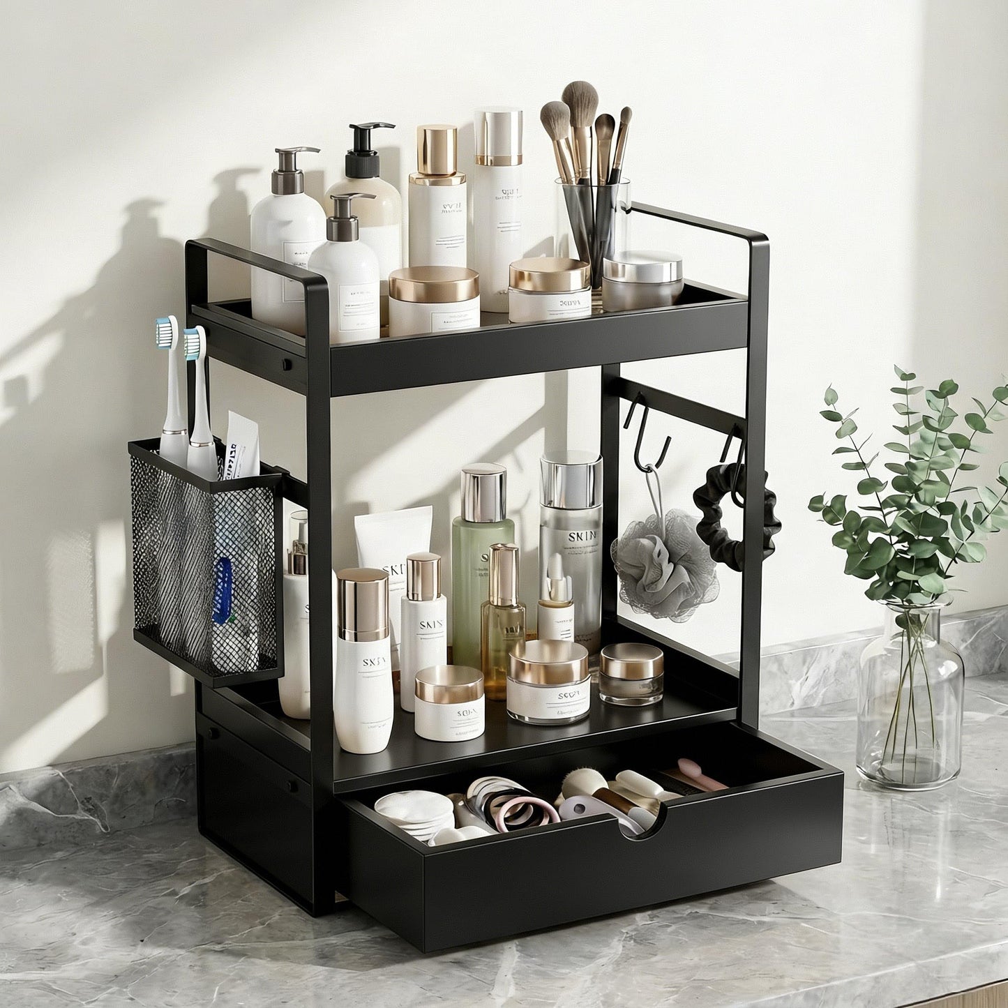 2-Tier Bathroom Counter Organizer with Drawer Basket and Hooks, Wood Bathroom Organizers and Storage for countertop, Farmhouse Black Countertop Organizer, Counter Shelf for Vanity, Kitchen, Office