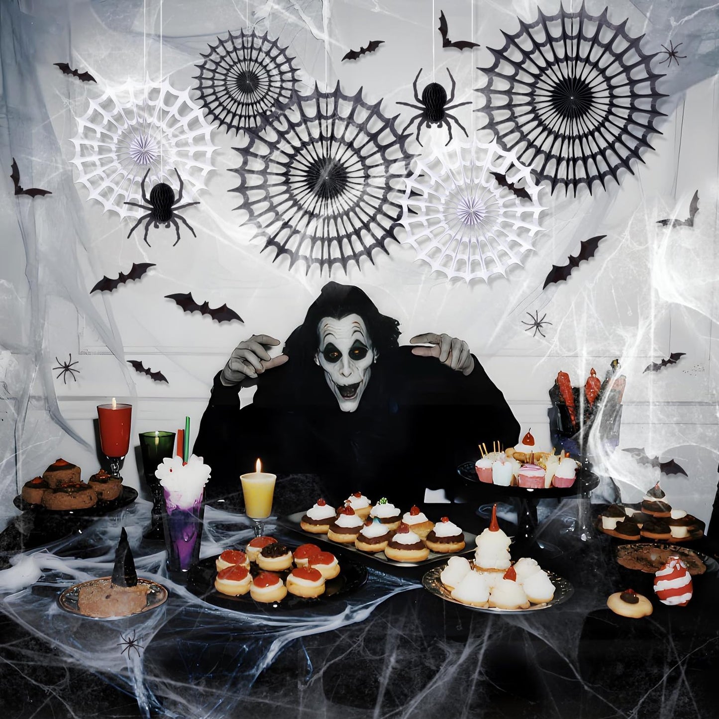 Spider Webs Halloween Decorations with 5 Black White Paper Fans, 6 Fake Spiders and 12 Bat Wall Stickers for Wall Indoor Outdoor Halloween Party Decor