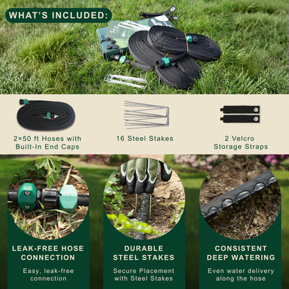 Better Botanicals 100 FT Flat Soaker Hose (2 x 50 FT) – Drip Irrigation for Garden Beds, Raised Beds & Landscaping – Kink-Resistant, Even Watering, Includes 16 Steel Stakes & Storage Straps