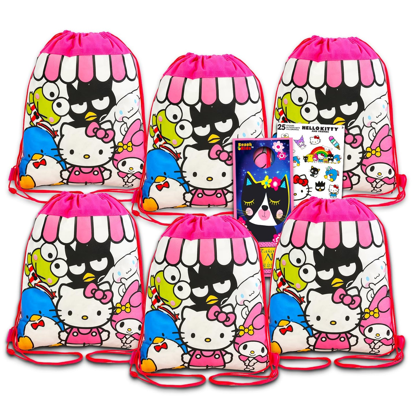 Hello Kitty Party Favor Bags Set - Bundle with 6 Drawstring Bags for Kids with Stickers and More | Hello Kitty Birthday Party Supplies