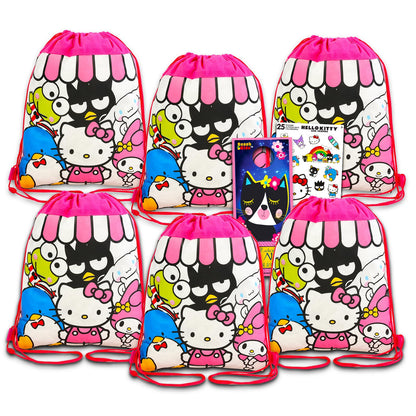 Hello Kitty Party Favor Bags Set - Bundle with 6 Drawstring Bags for Kids with Stickers and More | Hello Kitty Birthday Party Supplies