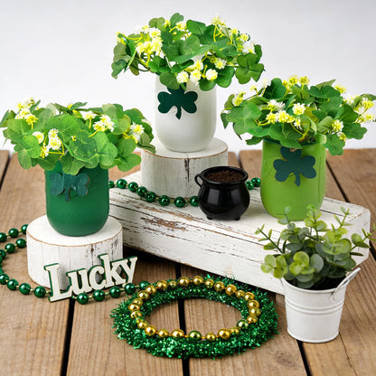 St. Patrick’s Day Mason Jar Decor Set of 3 – Green Farmhouse Table Centerpiece with Shamrock Wreath & Wooden Clover Accents, Irish Spring Home Decorations