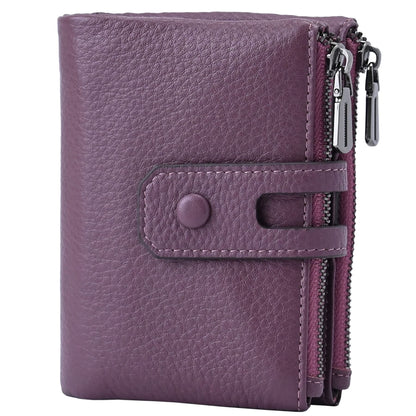 Bveyzi Small Soft Leather Wallet for Women RFID Blocking Ladies Card Holder with Double Zipper Pocket (Deep Plum)