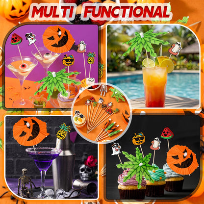 Remerry 160 Pcs Summer Halloween Cocktail Drink Accessories 60 Drink Umbrellas Straws Toothpicks 100 4.7 Inch Fruit Toothpicks Pumpkin Ghost Halloween Tropical Luau Hawaiian Beach Party Decorations