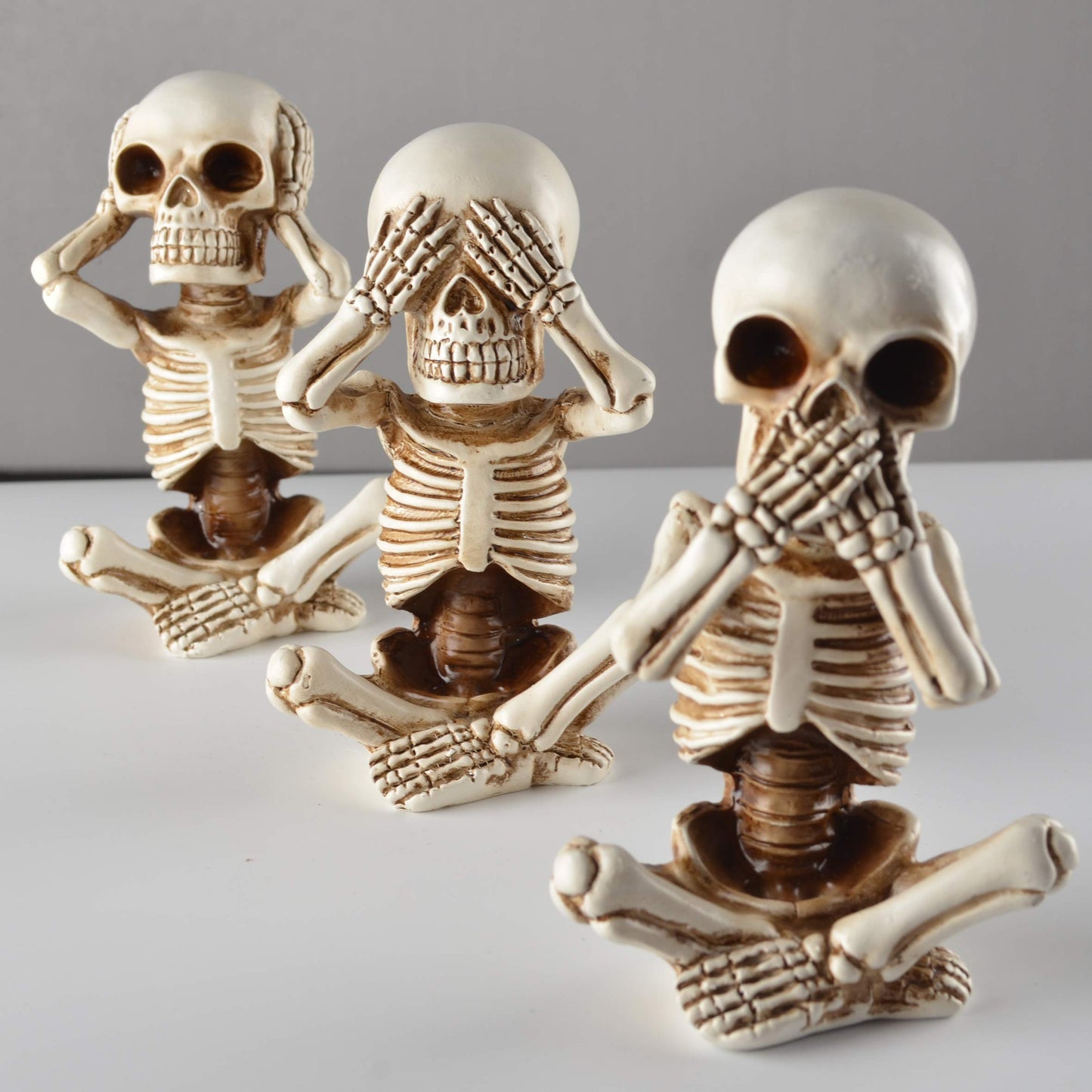 JORAE Skeletons Statue Hear See Speak No Evil Baby Halloween Figurines Home Decorative, Set of Three, 4.8 in, Oyster White Polyresin