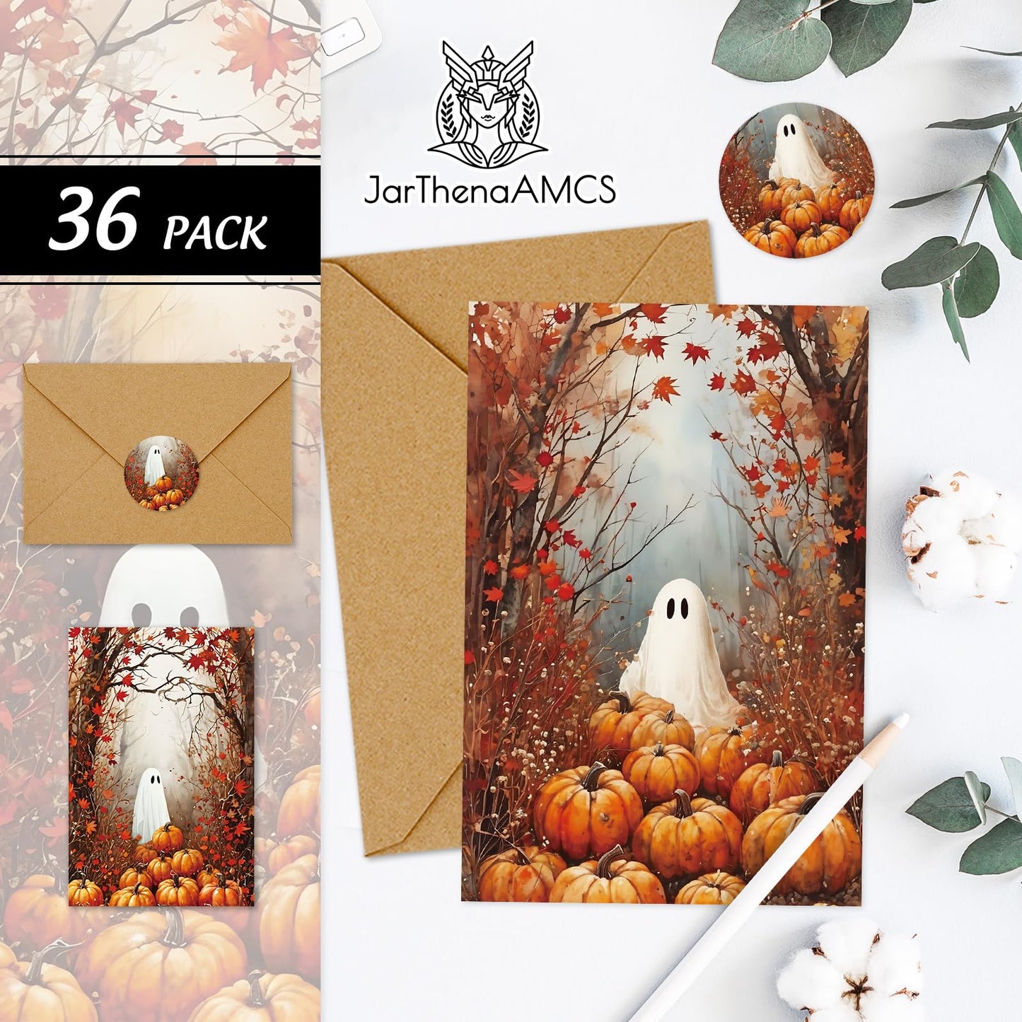 JarThenaAMCS 36 Pack Halloween Cards Ghost Pumpkin Maple Leaves Greeting Cards with Envelopes Stickers Glue Stick Blank Note Card for Party Invitations, 4 x 6 Inch