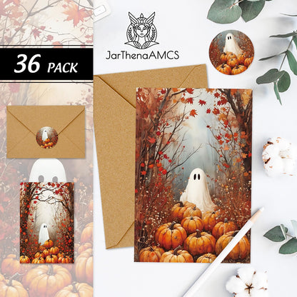 JarThenaAMCS 36 Pack Halloween Cards Ghost Pumpkin Maple Leaves Greeting Cards with Envelopes Stickers Glue Stick Blank Note Card for Party Invitations, 4 x 6 Inch