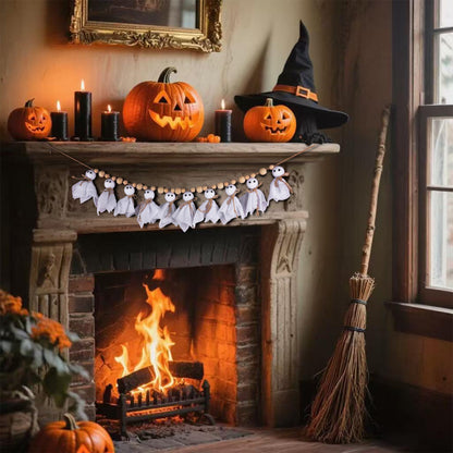 Halloween Decorations Indoor，7Ft Cute Halloween Ghost Garland with Wooden Beads，Handmade Rustic Banner for Mantel Wall Home Office School Indoor Outdoor Spring Decor Supplies