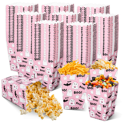 Whaline 100 Pcs Halloween Mini Popcorn Boxes Pink Ghost Bat Popcorn Bucket Boo Candy Favor Boxes for Trick or Treat Movie Night Party Supplies, 3 x 2.2 x 4.2 Inch
