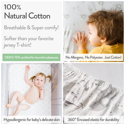Cuddly Cubs Pack and Play Sheets Fitted – for Graco Pack n Play Playard – 2 Pack – Snuggly Soft Jersey Cotton Mini Crib Mattress Sheets Set for Baby Boy, Girl – Grey Polka Dots, Chevron