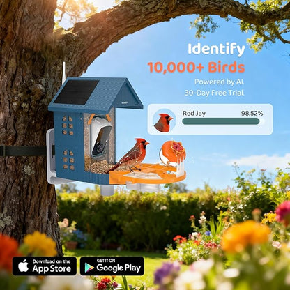 Smart Bird Feeder with Camera Outdoor Birdhouse:AI Identifies 11000+ Species, Features 3K HD Quality and Arrived Alerts Function,Powered by 3 Solar Panels,Gifts for Mom Dad Bird Lovers