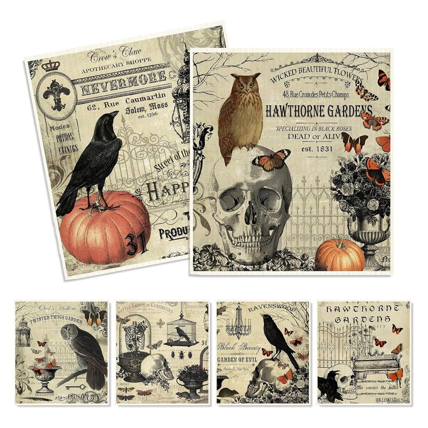 Whaline 12Pcs Halloween Swedish Dishcloths Vintage Owl Crow Skull Cotton Kitchen Towels Absorbent Dish Towels for Home Party Housewarming Cleaning, 7 x 8 Inch