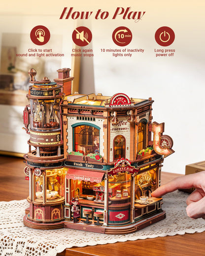 ROKR Dream Coffee Factory, Wooden Music Box Model, Mechanical 3D Wooden Puzzles for Adults, Building Kit with Moving LED Lights, Miniature House Kits, Desk Decor Gift