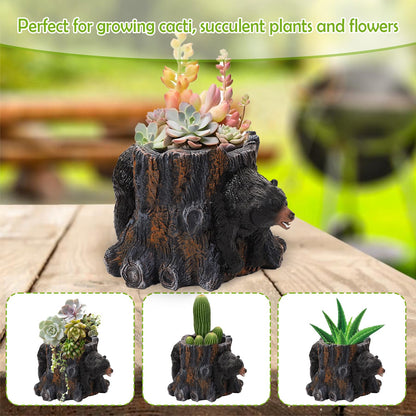 Seyont 5 Inch Black Bear Succulent Planter - Small Resin Tree Stump Flower Pot with Drainage Hole, Cute Animal Container for Cactus, Indoor Desktop Decor Gift