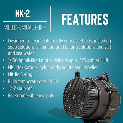 Little Giant NK-2 "NO-KORODE" Series, 115 Volt, 1/40 HP, 325 GPH Mild Acid, Alkalis and Hard Water Manual Submersible Pump with 18-Ft. Cord, Black, 527176