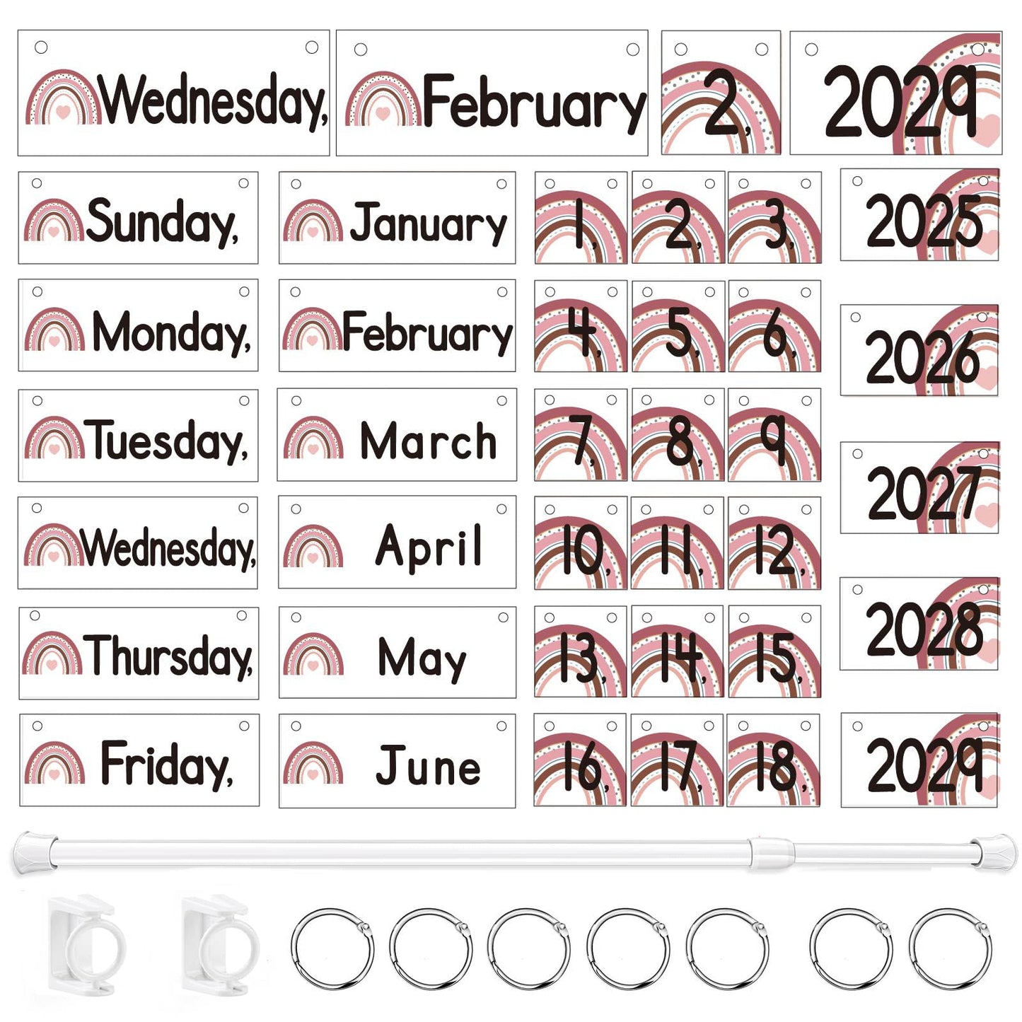 Flip Calendar Bulletin Board Set Classroom Decorations for Whiteboard with Adjustable Flip Calendar Rod Holder Date Cards Days of The Week for Classroom School Supplies(Boho)