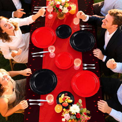 98 Pcs Red and Black Party Supplies Graduation Black and Red Paper Plates Napkins Forks Tablecloths Stranger Tableware Set for Congrats Grad Fiesta Holiday Birthday Wedding Party Decorations Serves 24