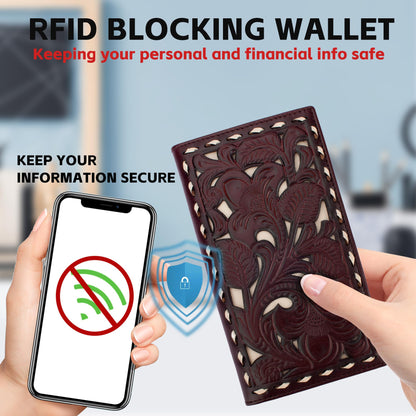 MUXILING Men's Rodeo Wallet Western RFID-Blocking Leather Wallet Bifold Long Cowboy Long Wallets With Floral Inlay Buckstitch