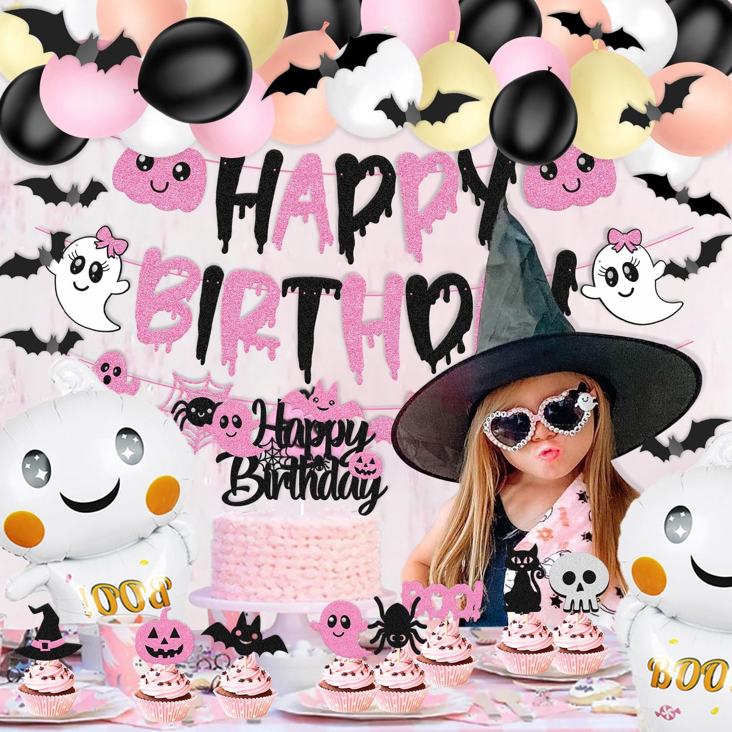 67 Pcs Halloween Birthday Decorations Pink Black Birthday Banner Cake Topper Cupcake decoration Bat Wall Stickers Halloween Theme Balloons Happy Bday Party Supplies