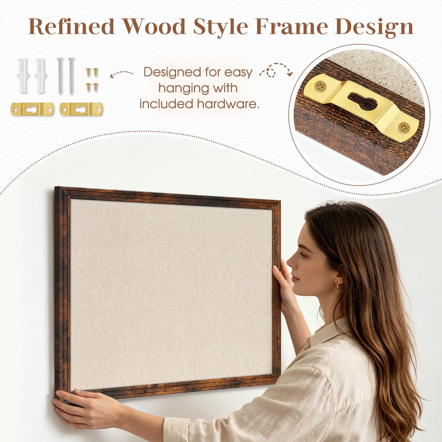 DOLLAR BOSS Linen Bulletin Board 36" x 24", Decorative Cork Boards for Walls with White Wood Frame, Premium Fabric Pin Board for Office, Home & School Room Decor, Brown