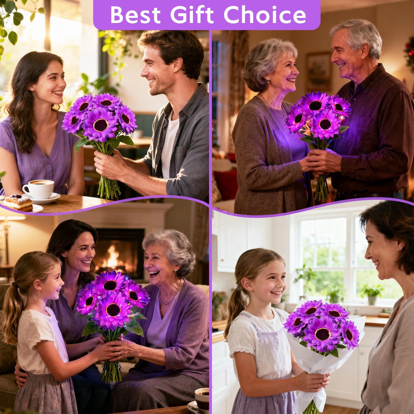 Solar Sunflower Lights Outdoor Garden Decor, 4 Pack Solar Purple Flowers Lights with 24 Sunflowers, Waterproof Fall Decor Stake Decorative Light Auto ON/Off for Garden Yard Patio, Gift for Women
