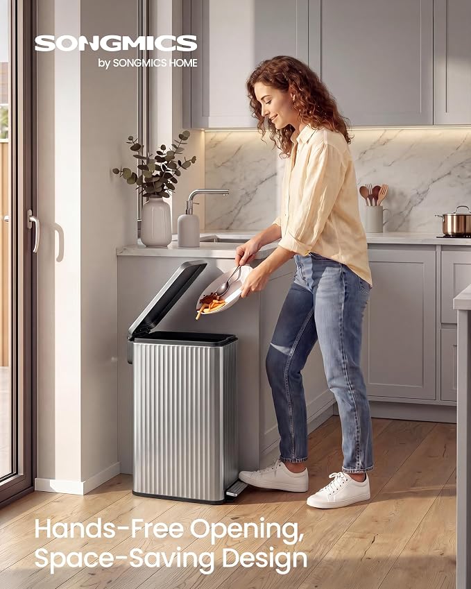 SONGMICS Trash Can, 13 Gallon (50 L) Slim Garbage Can for Kitchen, with Soft-Close Lid, Pedal, Removable Inner Bucket, Stainless Steel, 15 Trash Bags, Space-Saving, Metallic Silver ULTB350EZ01