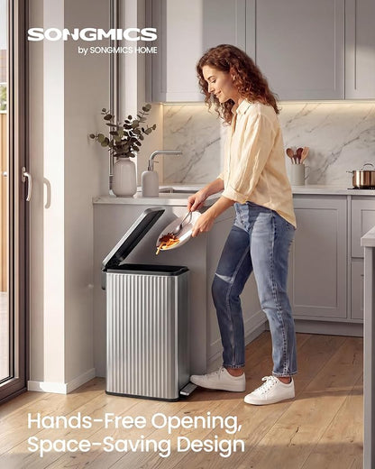 SONGMICS Trash Can, 13 Gallon (50 L) Slim Garbage Can for Kitchen, with Soft-Close Lid, Pedal, Removable Inner Bucket, Stainless Steel, 15 Trash Bags, Space-Saving, Metallic Silver ULTB350EZ01