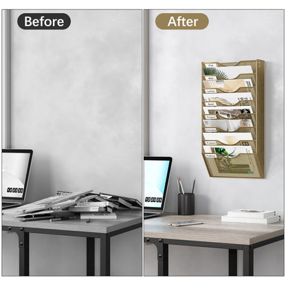 EasyPAG 8 Pocket Mesh Wall File Organizer, Hanging Paper Folder Holder with Classify Label, Vertical Wall Mount Mail Organizer for Office Home Classroom, Gold