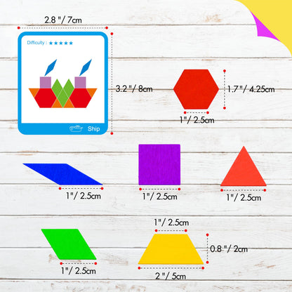 155 PCS Wooden Pattern Blocks Set, 24 Double-Sided Design Cards(48 Patterns) Geometric Shape Puzzle Fun Tangram Montessori Learning Toys for Kids Ages 4-8 (A Storage Bag & A Gift Box)