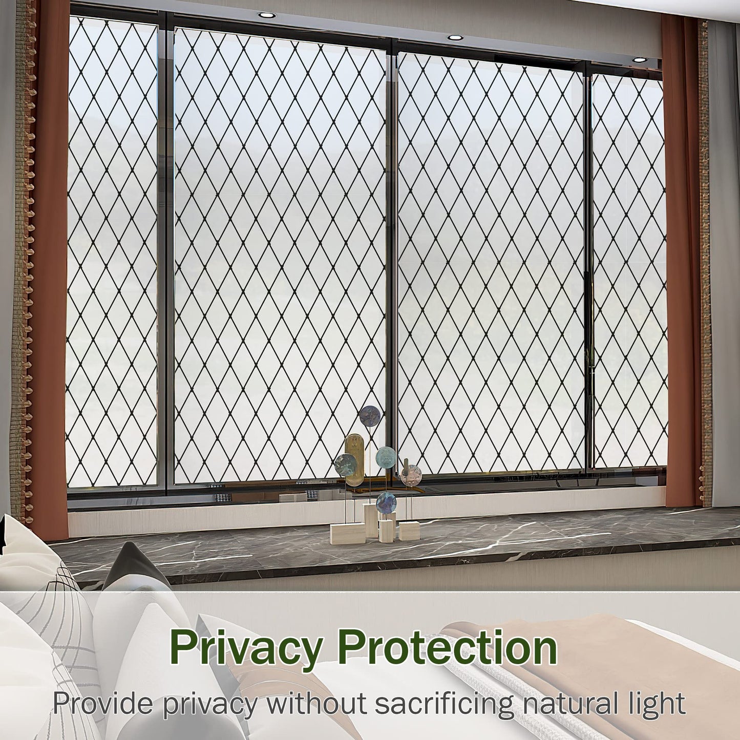 VELIMAX Frosted Black Lattice Window Film Static Cling Window Privacy Films Decorative Glass Vinyl Film for Windows Removable Sun Blocking Anti-UV 17.7x157.4 inches