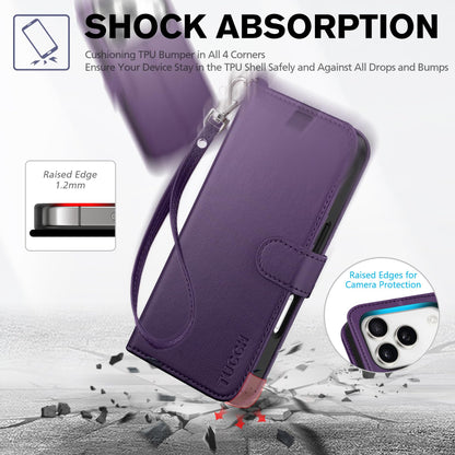 TUCCH Case Wallet for iPhone 17 Pro (6.3") 2025, Wrist Strap, Stand, RFID Blocking, 4 Card Holder, TPU Shockproof Shell, PU Leather, Magnetic Closure Folio Protective Cover, Deep Purple