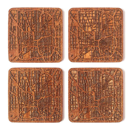 Indianapolis Map Coaster, Set of 4, Sapele Wooden Coaster with city map, Multiple city optional, Handmade