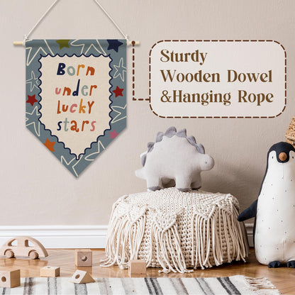 RUKUPA Kids Room Wall Art Decor, Boy Girl Nursery Hanging Pennant Flag, Born Under Lucky Stars Nursery Wall Art Poster Hanger for Kids Toddler Room Playroom Bedroom Classroom Decor, 11x15 Inch