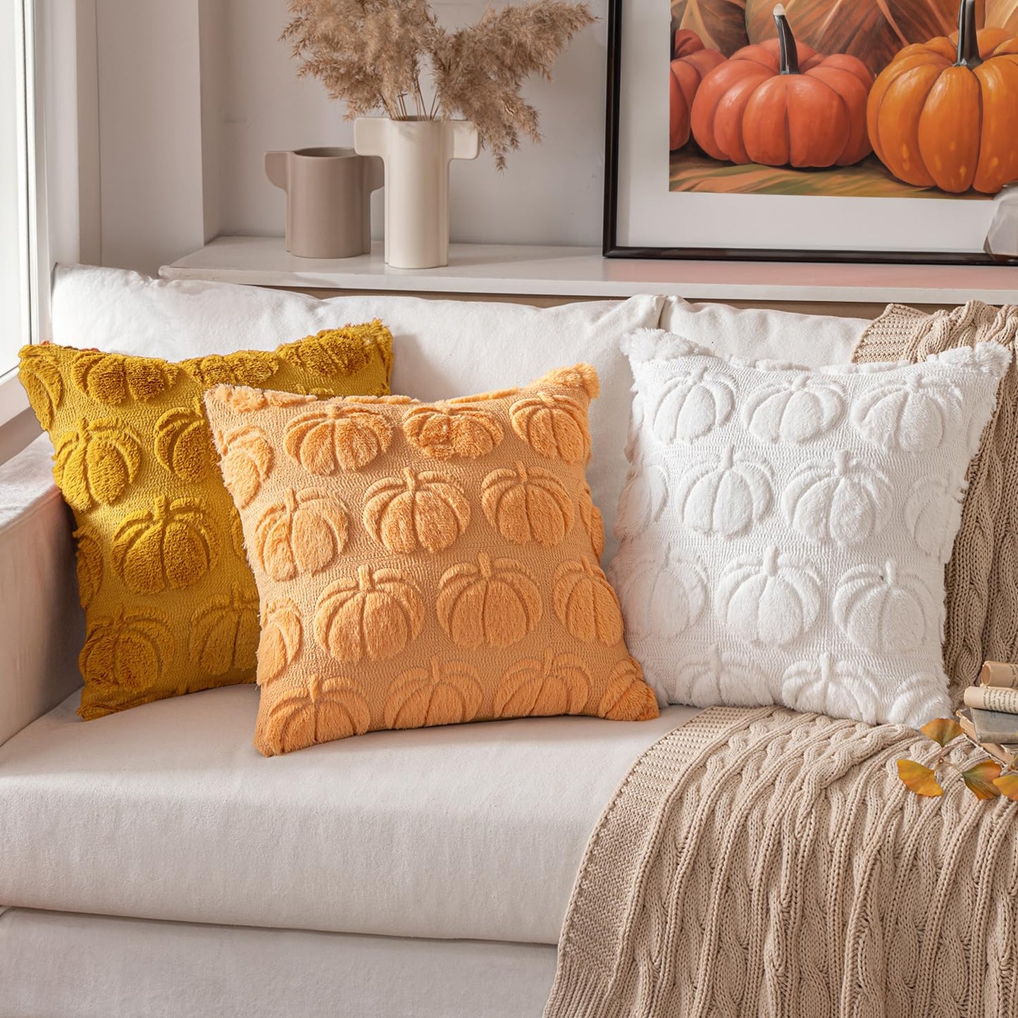 MIULEE Fall Throw Pillow Covers 18x18 Set of 2 Autumn Decorations Pumpkin Accent Pillowcase for Outdoor Porch Sofa Couch Bed Living Room Plush Faux Fur Halloween Farmhouse Home Decor