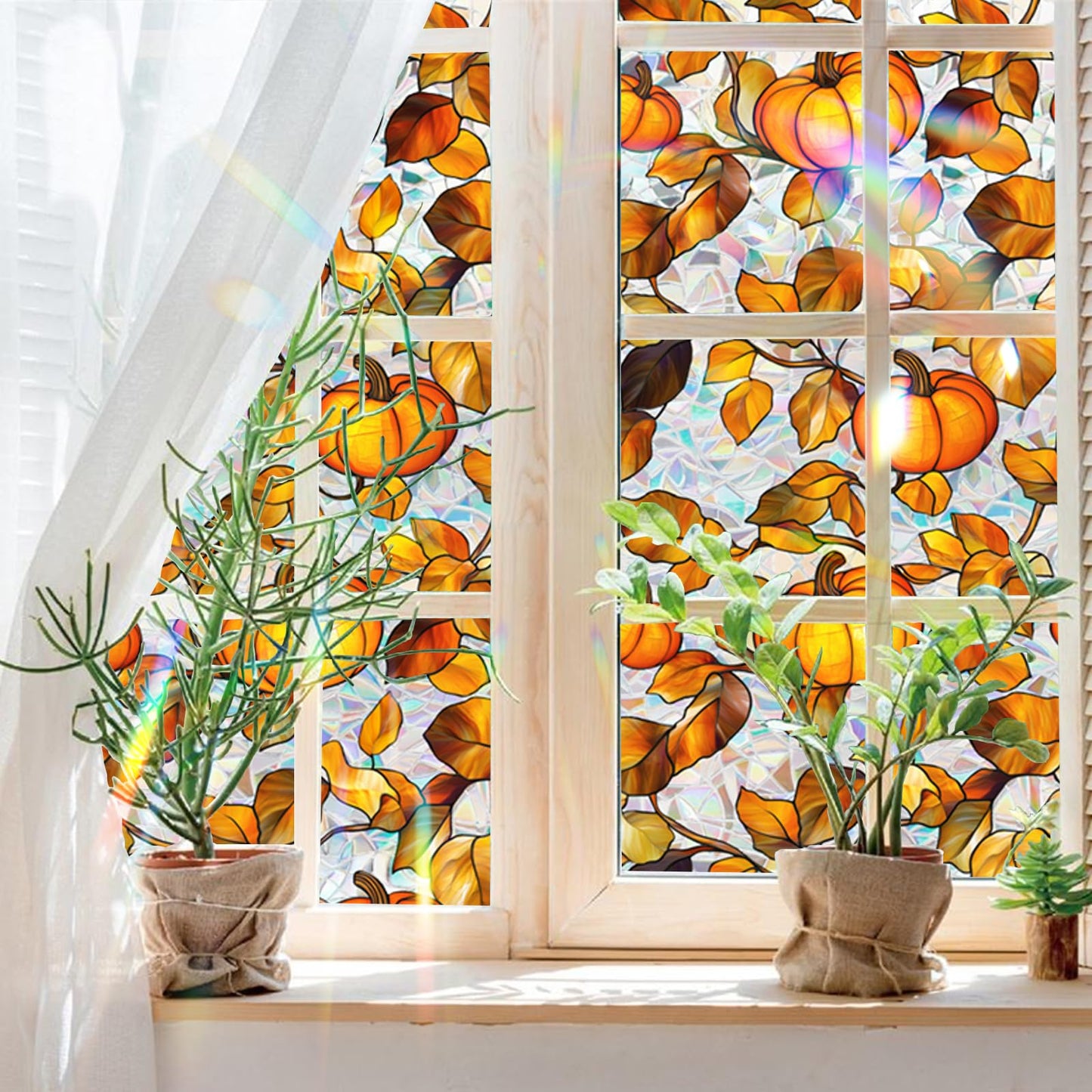 Niviy Pumpkin Thanksgiving Halloween Fall Window Clings, Stained Glass Window Film for Windows Autumn Clings Autumn Home Office Decorations for Indoor Outdoor (16.93 x 39.37inch)