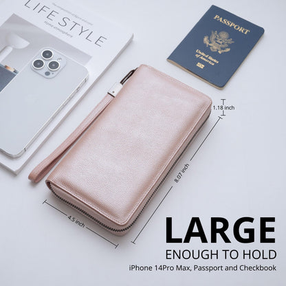 Bveyzi Women RFID Blocking Wallet Leather Zip Around Phone Clutch Large Capacity Ladies Travel Purse Wristlet (Rose Gold)