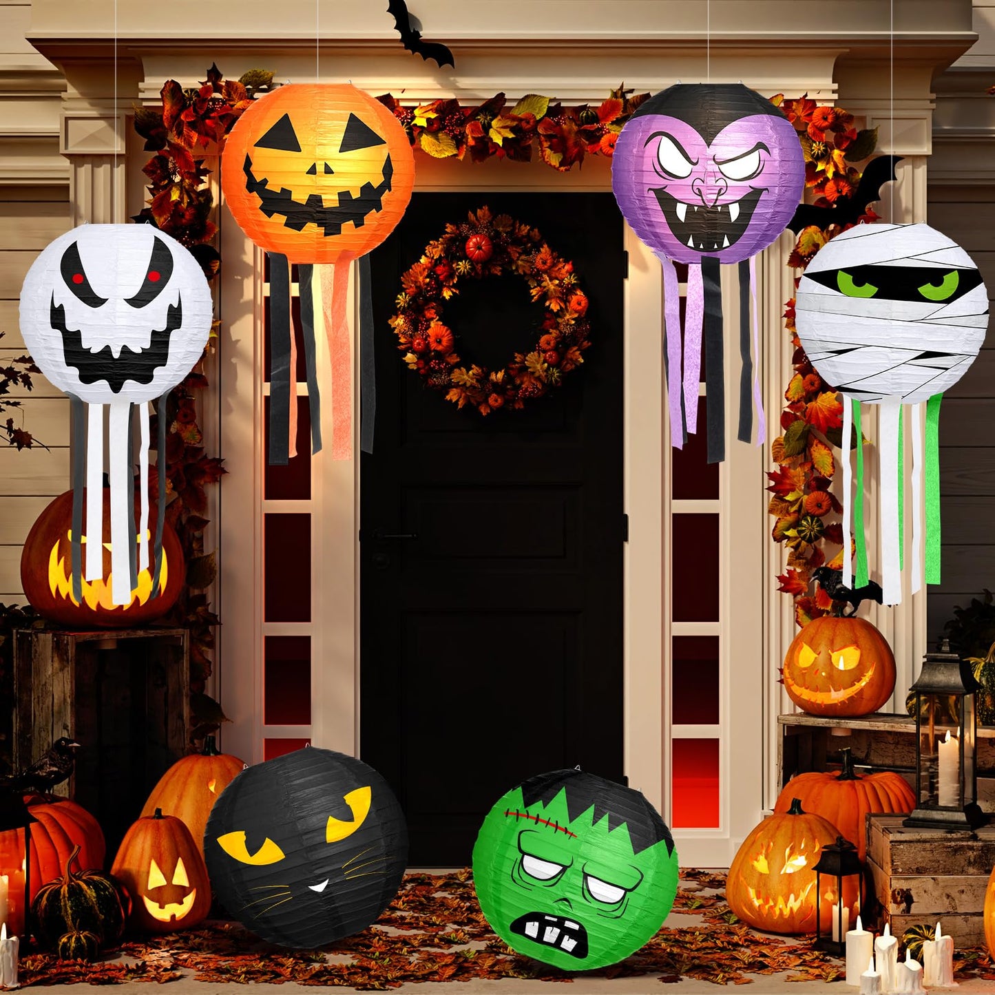 VIHOSE 6 Pcs Halloween Hanging Decorations Paper Lanterns, Jack-o-Bat Lanterns with Tassels Halloween Lantern Decorative for Indoor Outdoor Party Trick-or-Treat Event Supplies