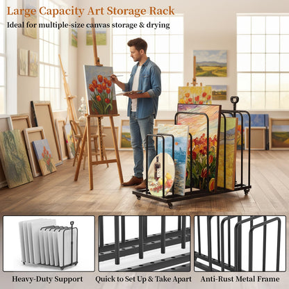 Tredre Art Storage Rack with Handle & Wheels, Adjustable Metal Art Drying Painting Rack, Large Canvas Storage Display Stand for Drawing Boards, Panel, Crafts, Art Studio, Classroom and Gallery