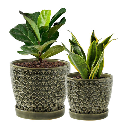 Swkien Plant Pots, Flower Pots, Planters for Indoor Plants(6.5+5.5inch), Flower Pots for Indoor Plant with Drainage Hole and Saucer, Ceramic Pots for Plants with Hole Mesh Pad,Reactive Glaze Green