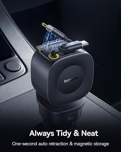 Baseus 163W Retractable Car Charger USB C Fast Charging, PrimeTrip VR2 Max 4 in 1 Fast Car Charger with Dual Retractable USB C Cable for iPhone 17 16 15 Pro Max, Samsung Galaxy S25 Ultra, Android