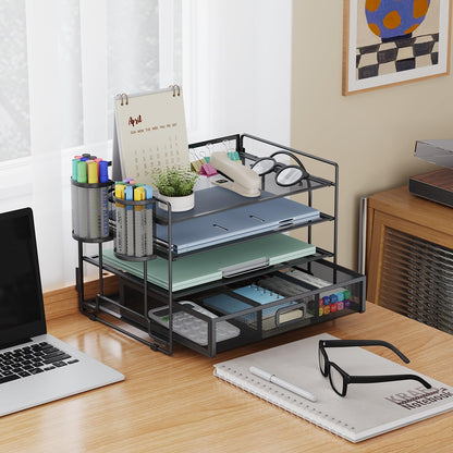 Marbrasse Desk Organizer and Accessories4-Tier Paper File Letter Tray Accessories & Workspace Desk Organizers with Drawer and 2 Pen Holders for School Home Office Supplies (Black)
