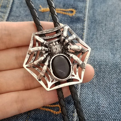 SELOVO Spider Bolo Tie Genuine Leather Antiqued Silver Tone Black Stone Halloween