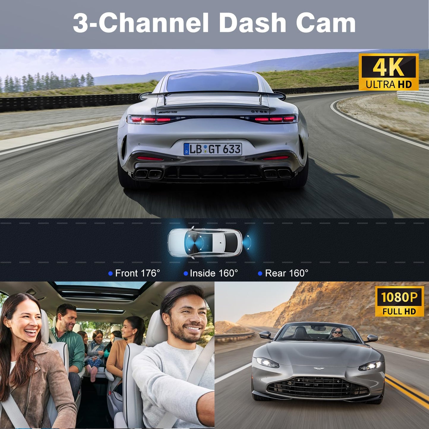 Miden X5 4K WiFi Dash Cam Front and Rear Inside, 2160P+1080P+1080P FHD 3 Channel Dash Camera for Cars, 360° All Sides Dashcam, Free 64G SD Card, G-Sensor, WDR, Night Vision, 24H Parking Monitor