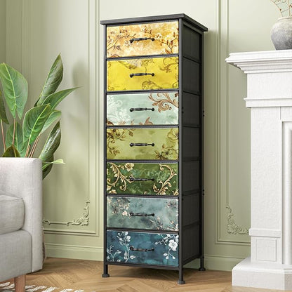 Fixwal Vintage Flower Tall Dresser for Bedroom, Storage Dresser Organizer with 7 Fabric Drawers, Nightstand Furniture in Closet, Entryway