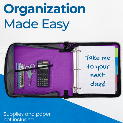 Case-it Classic Zipper Binder | 2-Inch O-Rings, 350 Sheet Capacity, Multiple Storage Pockets & Shoulder Strap | School & Office Organizer | D-251 Deep Purple