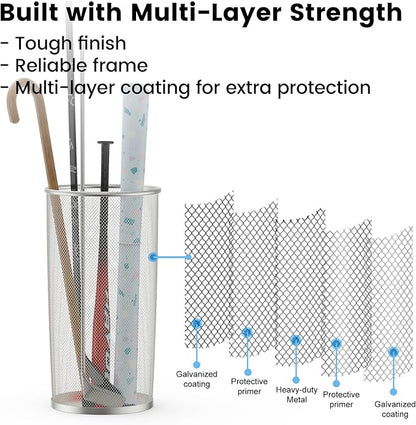19.5" H Mesh Umbrella Stand - Ventilated Mesh Umbrella Holder for Entryway - Extra Capacity Storage for Umbrellas Canes & More - Freestanding Indoor Organizer 10.4" L x 10.4" W x 19.5" H - 2P Silver